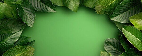 Fototapeta premium Tropical frame concept. Vibrant green leaves frame a smooth green background, ideal for natural-themed designs.