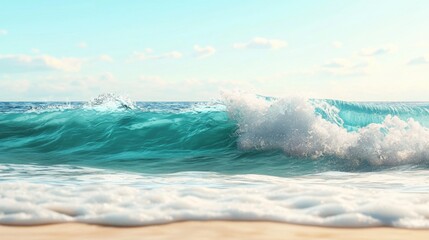 Obraz premium Majestic Ocean Wave Crashing onto Sandy Beach Under Clear Blue Sky with Gentle Breeze Creating a Serene and Inviting Coastal Atmosphere