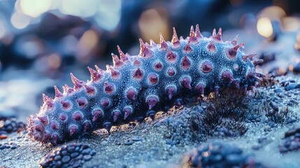 Close-up of a spiky sea cucumber on a rocky shore.