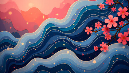 Flowing Japanese Waves with Subtle Cherry Blossom Accents