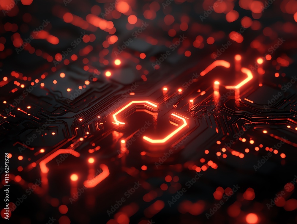 Poster A close-up view of a circuit board with glowing red elements, emphasizing technology and design.