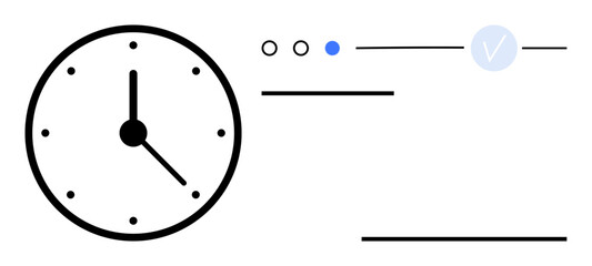 Analog clock displaying 1010, task progression indicators, and checkmark highlight focus on time management and task completion. Ideal for productivity, scheduling, efficiency, project management