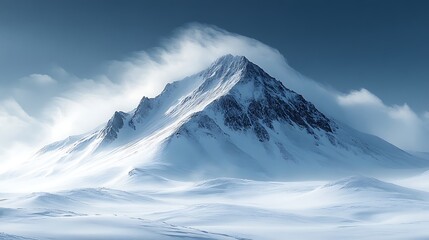 Majestic Snow Capped Mountain Peak Under Windy Sky