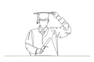 Graduate students wearing cap and gown continuous one line drawing. Graduation concept in single line art illustration. Editable vector.