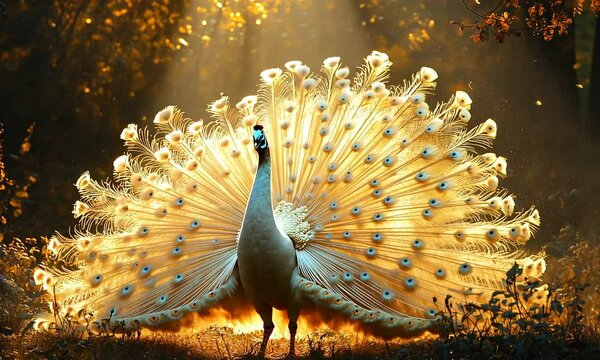 A majestic peacock displays its vibrant feathers in a sunlit forest, showcasing nature's beauty.