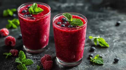 Refreshing Berry Smoothies with Mint and Blueberries Displayed in Clear Glasses on Rustic Wooden Table Evoking a Vibrant and Healthy Lifestyle