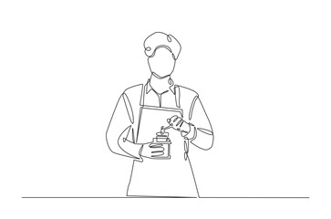 Barista making coffee continuous one line drawing. Barista preparing cofffee in single line art illustration. Editable vector.