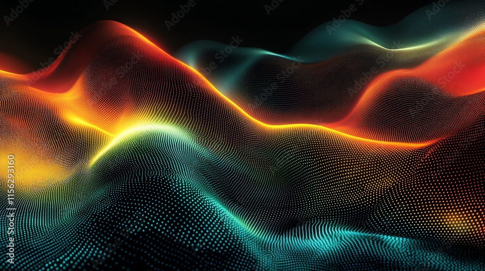 Poster abstract digital landscape with flowing waves and vibrant colors.