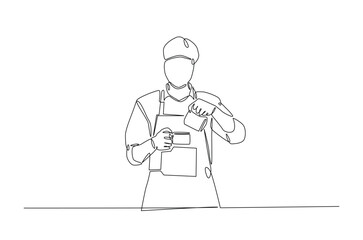 Barista making coffee continuous one line drawing. Barista preparing cofffee in single line art illustration. Editable vector.