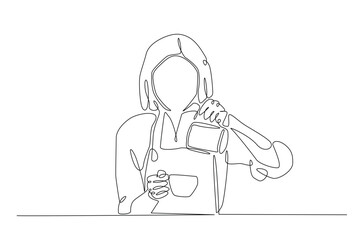 Barista making coffee continuous one line drawing. Barista preparing cofffee in single line art illustration. Editable vector.