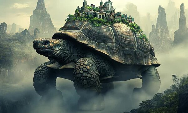 A giant tortoise carries a lush city on its back, blending nature and urban life.