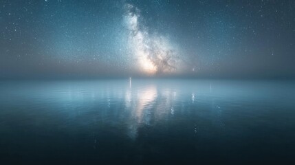 Milky Way galaxy reflected in calm ocean water at night.