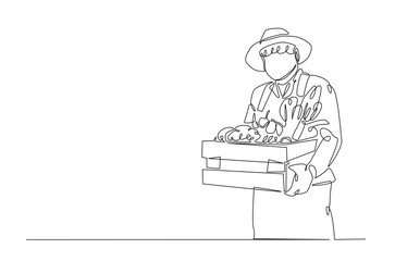 Farmer with vegetables continuous one line drawing. Farmer holding box with full of vegetables in single line art illustration. Editable vector.