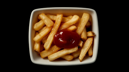 Crispy french fries served with ketchup in a white bowl. 
