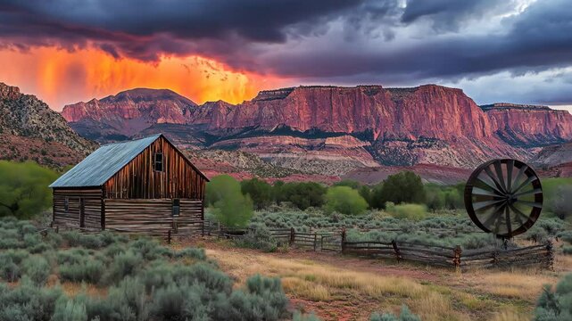 Stunning sunset illuminating a rustic barn and windmill against dramatic mountain backdrop