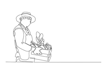 Farmer with vegetables continuous one line drawing. Farmer holding box with full of vegetables in single line art illustration. Editable vector.