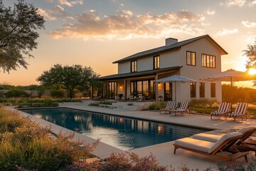 Luxurious Modern Farmhouse with Elegant Pool, Outdoor Living Space, Striped Umbrellas, and Comfortable Seating, Captured at Golden Hour