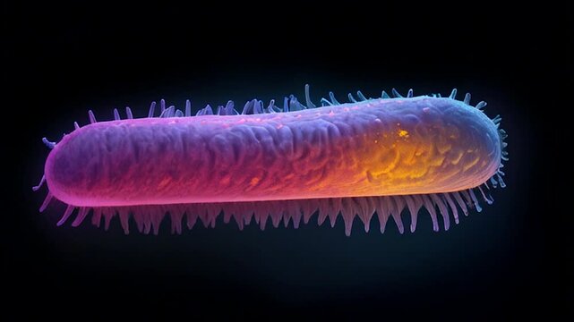 one bacteria of Mycoplasma pheumonia on black background,macro.Neon art,4K.