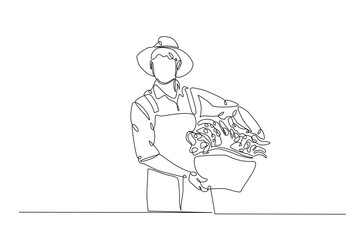 Farmer with vegetables continuous one line drawing. Farmer holding box with full of vegetables in single line art illustration. Editable vector.