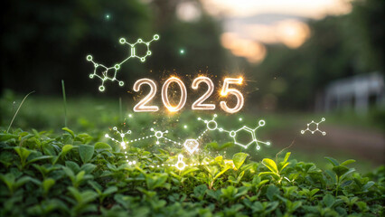 2025 glowing numbers with molecular structures in green landscape, symbolizing future energy and innovation