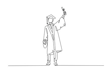 Graduate students wearing cap and gown continuous one line drawing. Graduation concept in single line art illustration. Editable vector.