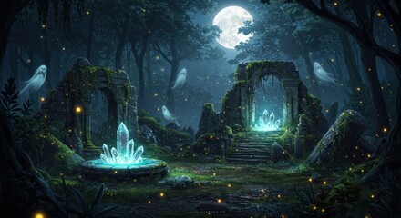 Enchanting Moonlit Forest Ruins With Glowing Crystals And Ghosts