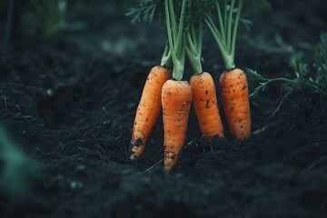 Bunches of fresh carrots on the ground in the vegetable garden.