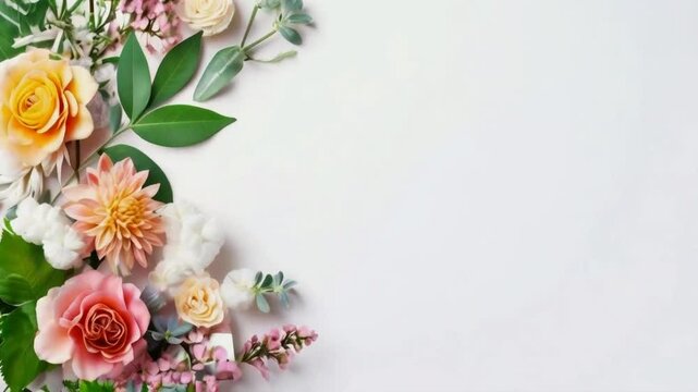 A floral arrangement featuring various colorful flowers and leaves on a light background.