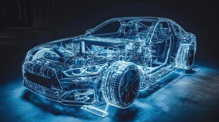 Naklejka premium Futuristic Transparent Car Model with Digital Light Effects