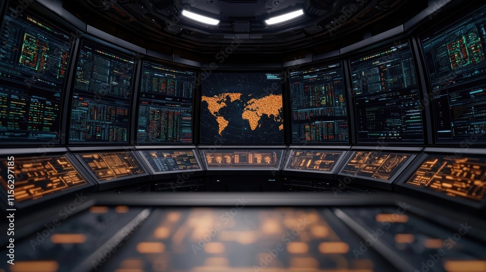 Poster Operation center idea. Futuristic control room with multiple screens displaying global data and analysis.
