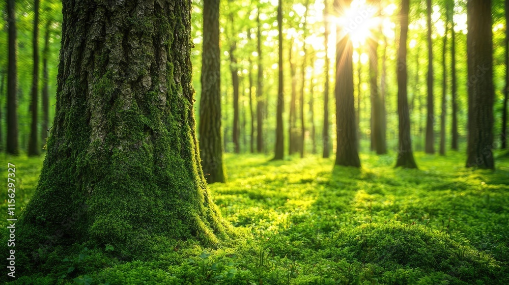 Poster Moss forest concept. A serene forest scene with sunlight filtering through lush green trees and soft moss.