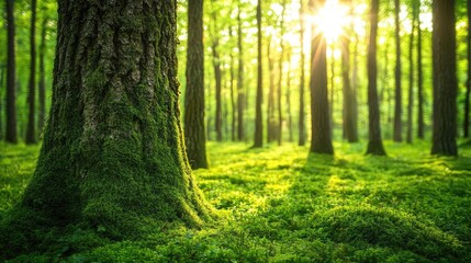 Obraz premium Moss forest concept. A serene forest scene with sunlight filtering through lush green trees and soft moss.