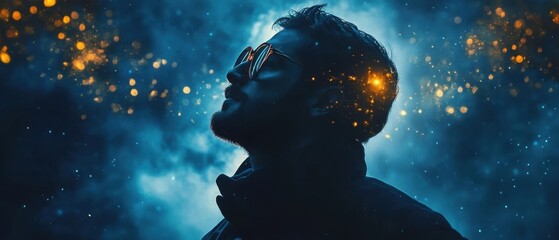 Man Silhouetted Against a Night Sky with Golden Sparkles, Creative Conceptual Portrait Photography.