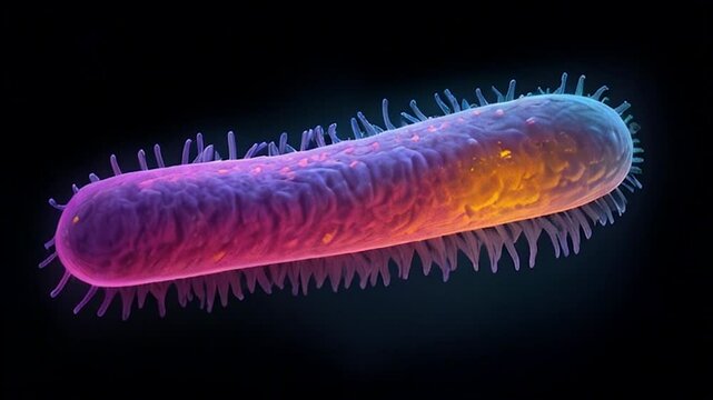 one bacteria of Mycoplasma pheumonia on black background,macro.Neon art.