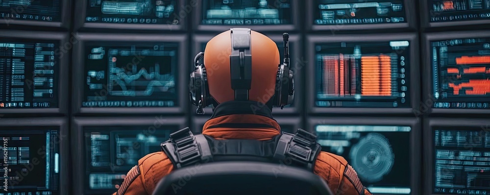 Poster Operation center idea. A futuristic operator monitors multiple screens in advanced control room.
