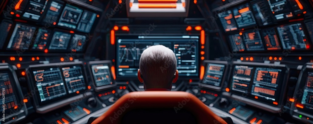 Poster Operation center idea. A futuristic control room filled with screens and high-tech interfaces.