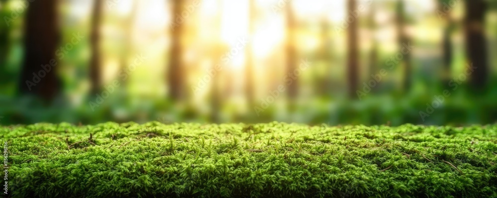 Aufkleber moss forest concept. lush green moss with sunlight filtering through forest trees in a serene natura