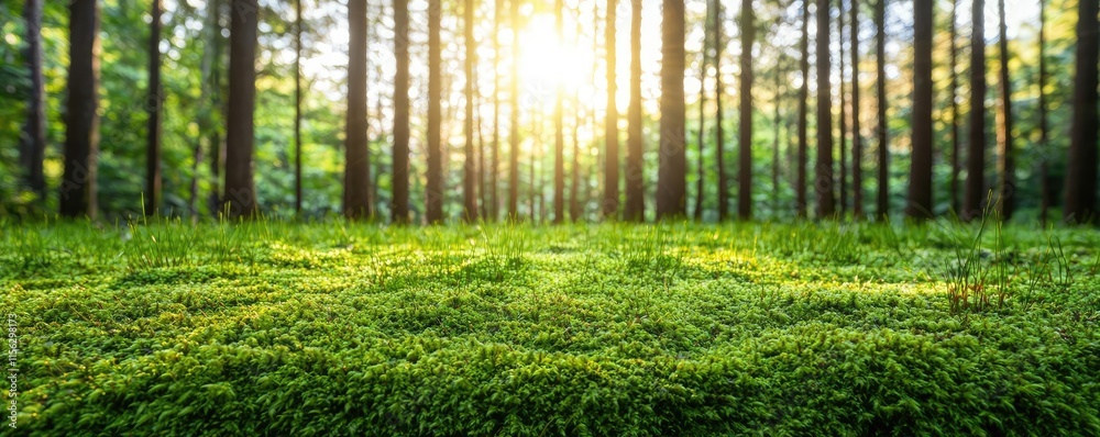 Aufkleber moss forest concept. serene sunlit forest with lush greenery and soft grass under vibrant trees.