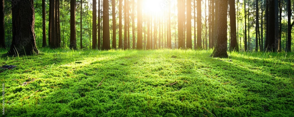 Poster moss forest concept. sunlight streaming through trees onto a lush, green forest floor, creating a se