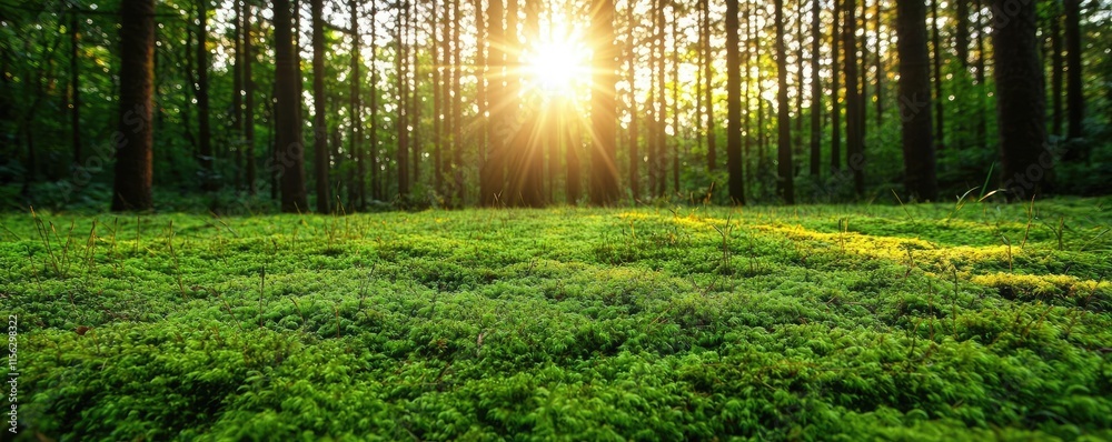 Poster moss forest concept. a serene forest scene with sunlight filtering through tall trees onto vibrant g