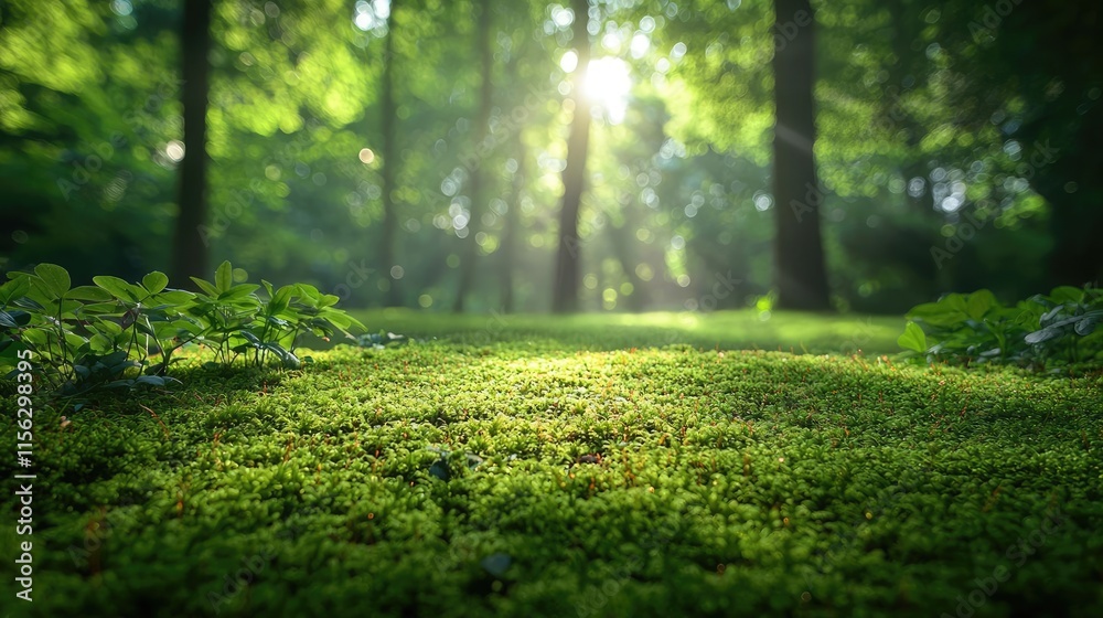 Poster moss forest concept. a tranquil forest scene with sunlight filtering through lush green foliage.