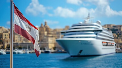 Close-up of the Seabourn cruise ship with the Maltese flag waving in the breeze, harbor as the backdrop.