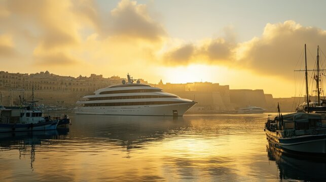 An early morning view of Seabourn docked at Valletta, surrounded by soft light and calm waters, with boats nearby.