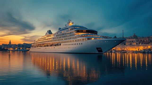 Evening view of the Seabourn cruise ship docked at Valletta, glowing against the twilight sky with the city's lights reflecting on the water