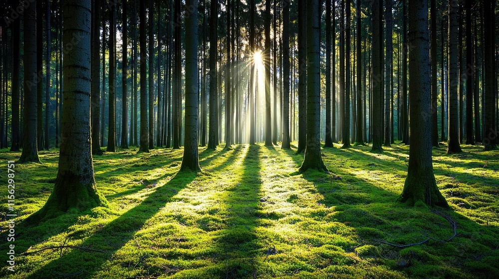 Poster moss forest concept. a serene forest scene illuminated by sun rays piercing through tall trees.