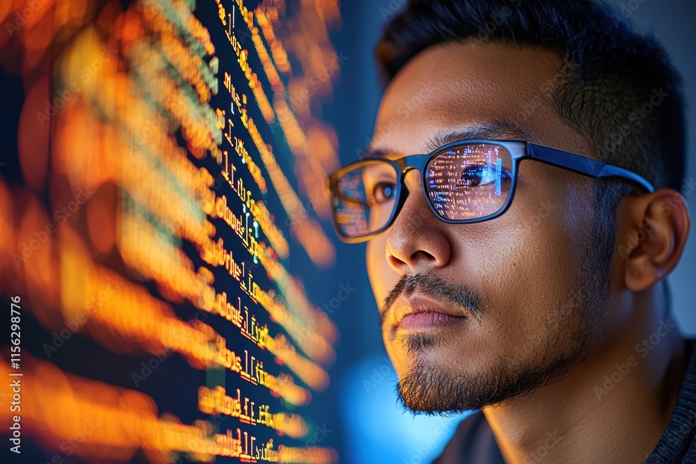 Poster thoughtful programmer analyzing code reflections on glasses