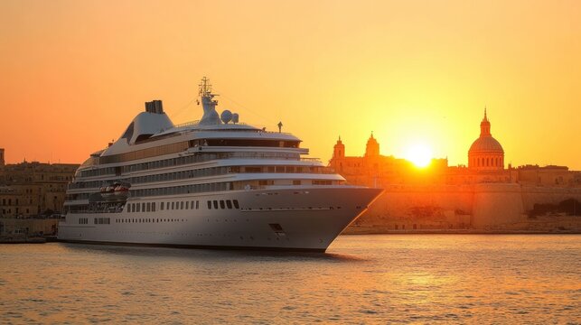 The Seabourn cruise ship at pier, with the sun setting behind the domes and spires of the Maltese skyline