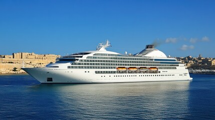 The Seabourn cruise ship glowing in the golden afternoon light at Valletta harbor, Malta, with bustling harbor activities and clear blue skies.