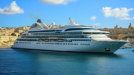 The Seabourn cruise ship in Valletta, with an intricate view of the maritime activity, from small boats to luxury yachts