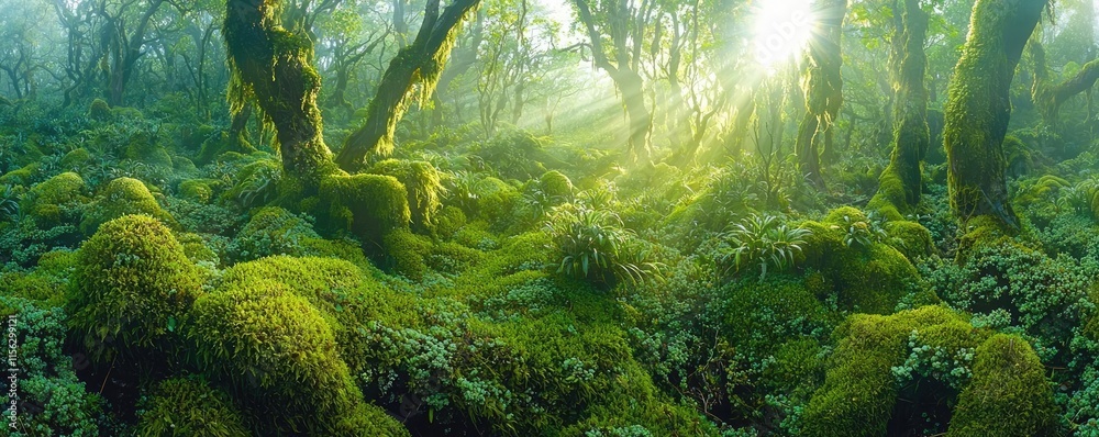 Poster moss forest concept. lush green forest with sunlight filtering through towering trees and vibrant mo